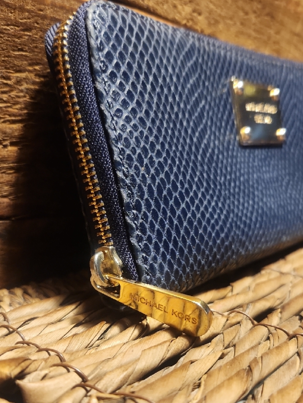 Michael Kors Navy Blue Snake-Embossed Zip Wallet with Gold Plaque - Picture 3 of 13